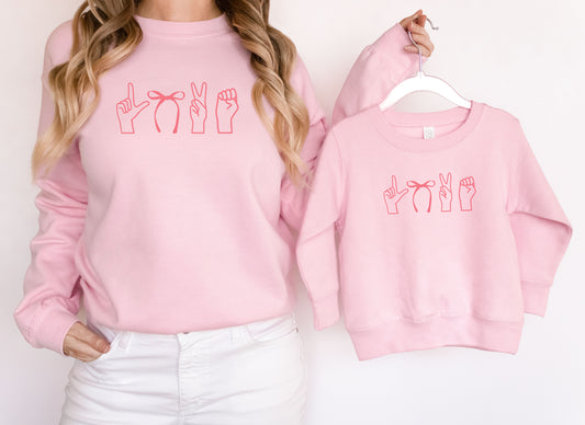 Toddler Pink Matching Mama’s Bow Love Sweatshirt